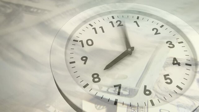 On play, analog clock face moving clockwise over layered US banknotes, showing time value of money