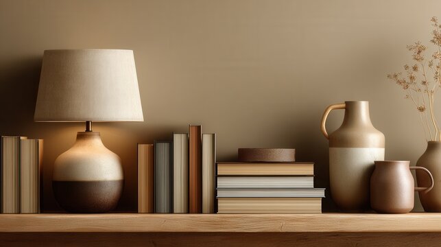 Modern home interior with a floating wooden shelf holding a lamp, books, and decorative objects against a brown wall, warm ambient lighting, photorealistic 3D render.