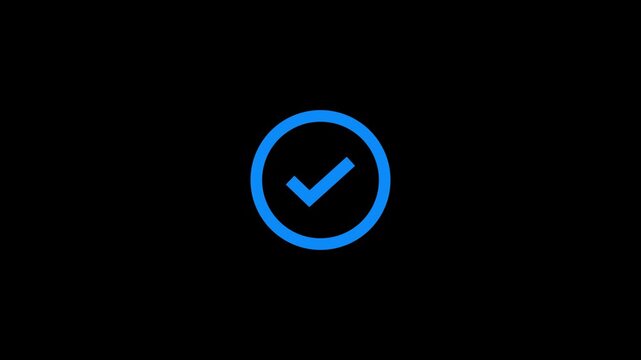 Blue check mark icon with sun rays on black background