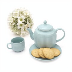 A charming tea set with cookies and flowers on a white background