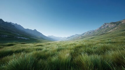 Landscape photograph of a mountain range. the sky is clear and blue, and the mountains are covered in green grass. the grass is tall and lush, and it appears to be freshly cut.