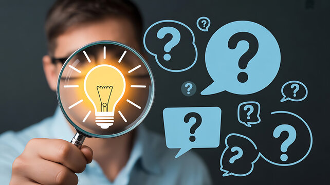 Close-up of a person holding a magnifying glass revealing a glowing incandescent lightbulb, with light blue speech bubbles containing question marks floating nearby against a dark gray background. 