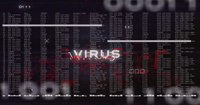 Glowing VIRUS label appearing and glitching, HUD scanning cols and marking red rows, alerting ops