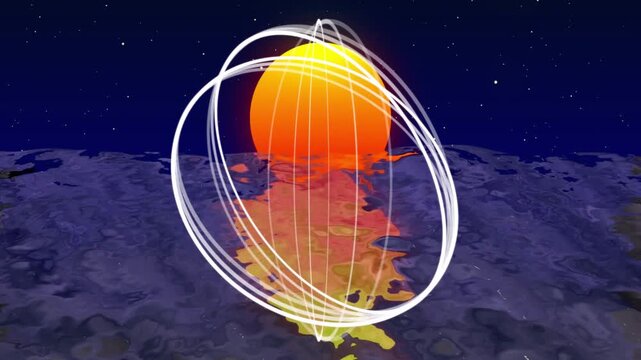 White orbital trails appearing, orange orb shifting and reflecting, representing orbital dynamics