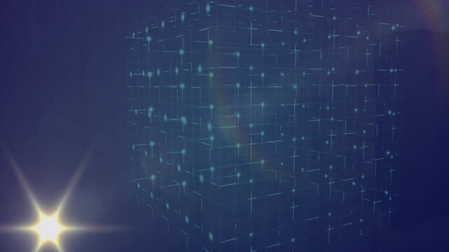 Wireframe cube shifting and dimming as star flare entering lower-left crossing cube revealing grid
