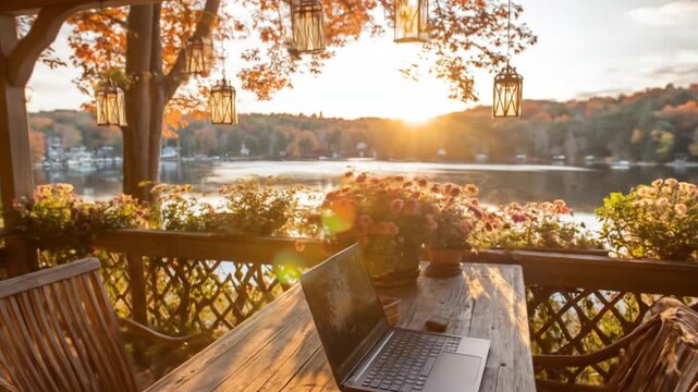 A laptop sits on a rustic wooden porch overlooking a lake, bathed in the golden light of autumn.