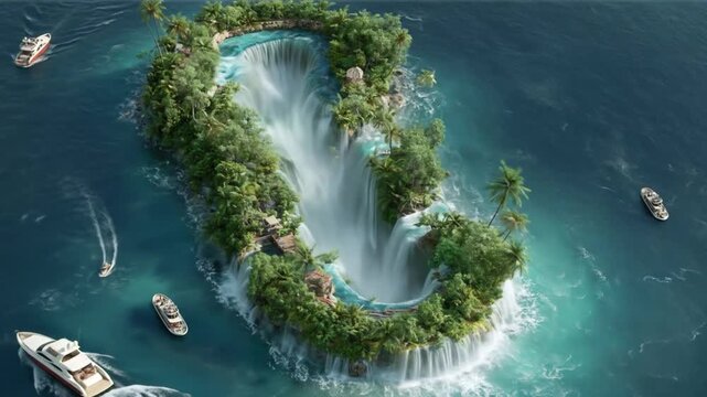 A breathtaking, lush island shaped like a cursive 'S' adorned with cascading waterfalls, nestled within a serene ocean.