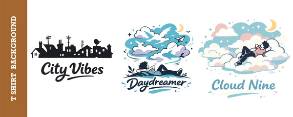 Creative tshirt design collection featuring urban city vibes daydreamer and cloud nine themes with whimsical illustrations and typography © jubayer95