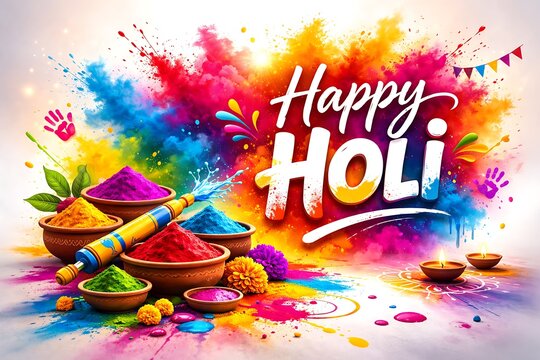 Vibrant Happy Holi Festival Greeting Design Featuring Traditional Pichkari Water Gun and Colorful Powder Explosion Background with Decorative Bowls of Gulal in High Resolution Celebration Artwork