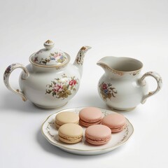 Delightful afternoon tea set with elegant teapot and charming macarons