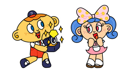 箱に入った大きな指輪を差し出す少年と、それに感激する少女のポップなキャラクターイラスト