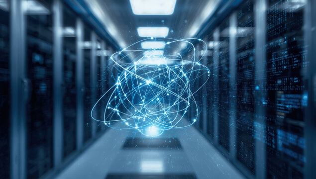 Futuristic network sphere glowing in data center aisle conveying secure cloud connectivity
