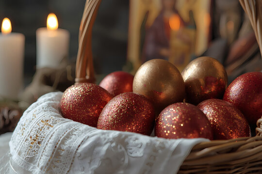 Orthodox Easter. Easter painted eggs in a wicker basket, icons, faces of saints, flowers, church candles, and Easter decor on a wooden table in an old village house.