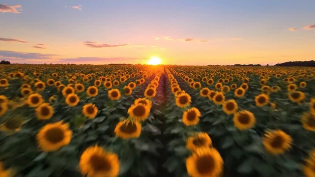 Vast field of vibrant sunflowers bathed in the golden light of a beautiful