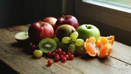 Vibrant assortment of fresh, healthy fruits including apples, kiwi, grapes, and mandarins on a rustic wooden table, perfect for nutrition and a balanced diet.