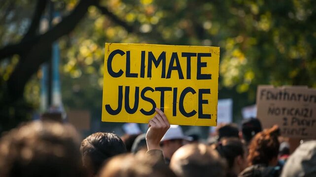 Protest crowd holding yellow climate justice sign in city park