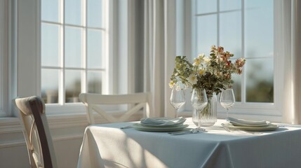 Dining table set up in front of a large window with white curtains. the table is covered with a light blue tablecloth and has a vase of white and pink flowers in the center.
