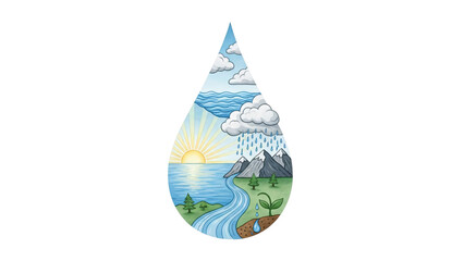 Obraz premium Drop of water with the sun and mountains in the middle drop.