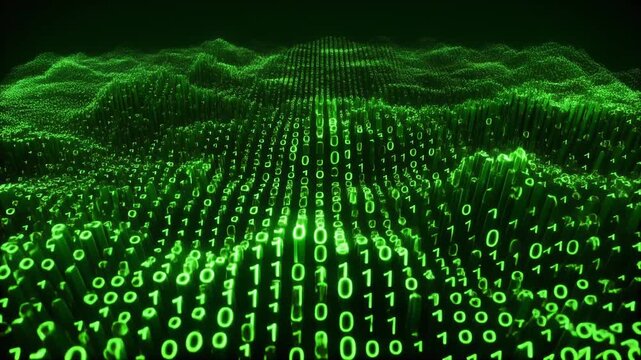 Futuristic green binary flow forming moving digital hills glowing matrix style seamless surreal ambience cascading softly abstract unique style ultra realistic cinematic loop
