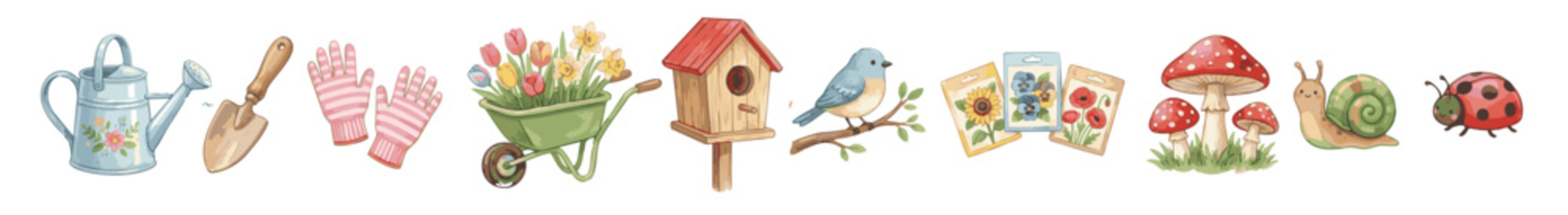 Cute spring garden clipart set with trowel, gloves, seeds, mushrooms, snail. Collection of Vector illustrations. Perfect for invitation, card, poster, banner, decoration