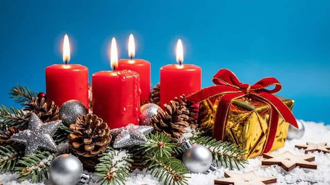 Advent wreath with four burning red candles and Christmas decor.