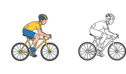 Obraz premium Vector illustration of a professional cyclist riding a bicycle, featuring both a fully colored version and a black and white line art outline.