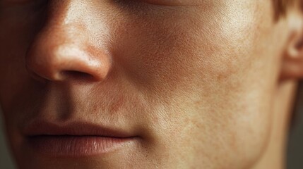 Fototapeta premium Close-up of a person's face. the person appears to be a young man with short blonde hair. his face is turned slightly to the side, and his eyes are closed.
