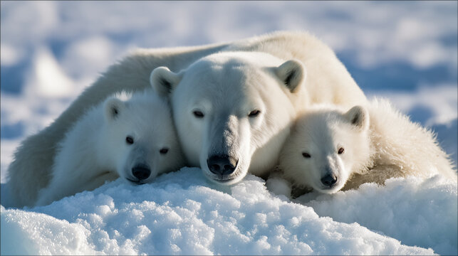 Polar bear family cuddling at sunset in the Arctic
