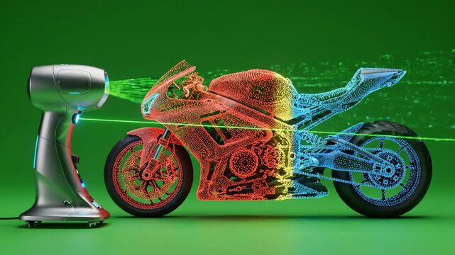 Motorcycle aerodynamic simulation with computational fluid dynamics visualization showing airflow and heat distribution.