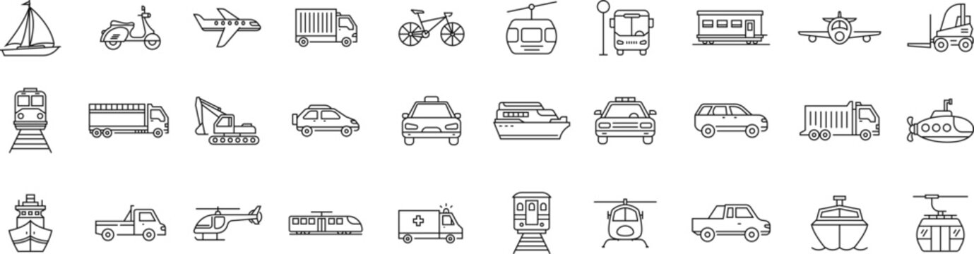 33 outline icons  set related to bus, vehicle, truck, train. Linear icon collection. Editable stroke. Vector illustration 
