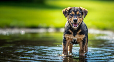Puppy standing in shallow puddle symbolizing innocence and playful curiosity