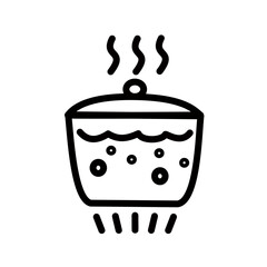 Boiling water in pan icon. Saucepan with lid and boiling water on gas burner symbol. Vector graphic, not Artificial Intelligence, logo illustration. Replaceable vector design.