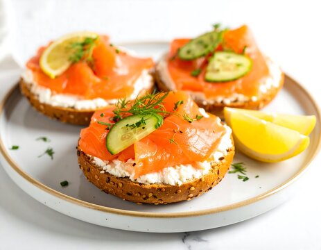 Delicious smoked salmon bagels with cream cheese and fresh herbs