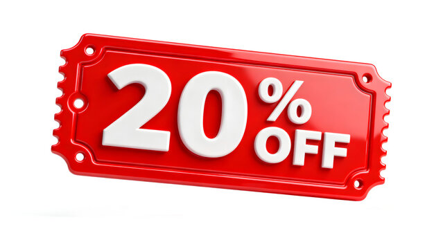 20 Percent Off Red Discount Ticket 3D Render Isolated on transparent png Background