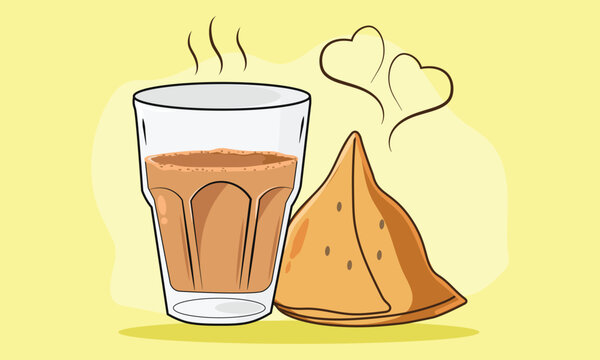 Indian masala chai and samosa vector illustration, illustration of Indian milk tea with snack tea lovers, Elegant Hot Tea with Samosa vector illustration. Indian food