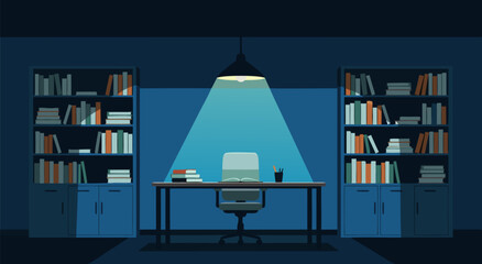 Calm vector illustration of minimalist desk between bookshelves in home office © PDWN Creative