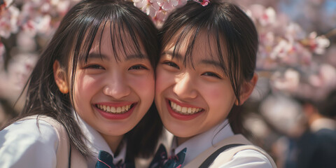 桜の前で記念撮影する二人の女子高生