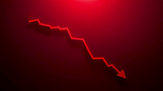 Red downward arrow graph showing sharp financial decline and falling market trend on dark gradient background