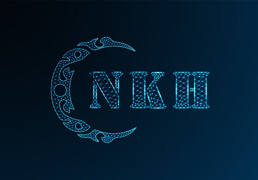 Low poly letter logo NKH design. NKH letter logo low poly vector design on blue color gradient background. NKH logo low poly design
