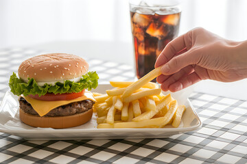 A plate of burger and fries with soda