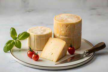 A plate of artisanal cheese and fresh tomatoes