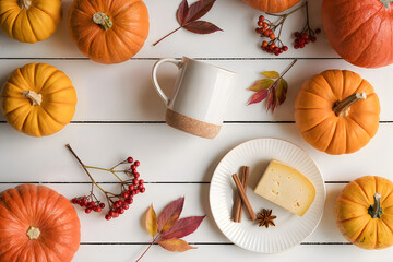 Autumn pumpkin pie and cup on wooden table