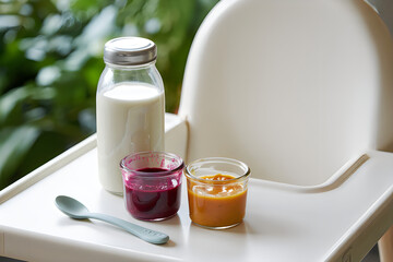 Baby food and milk on high chair tray