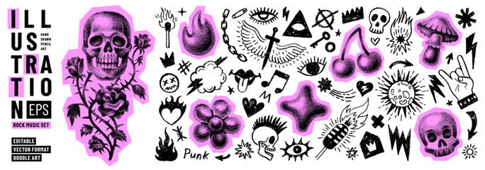 Fototapeta na wymiar Punk rock tattoo collage. Emo punk grafitti with grunge skull eye fire star. 3d halftone, y2k doodle sticker art. Cutout collage music element. Neon dj scrapbook vector. Emo aura grafitti tattoo bg