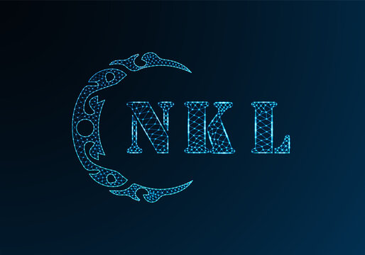 Low poly letter logo NKL design. NKL letter logo low poly vector design on blue color gradient background. NKL logo low poly design