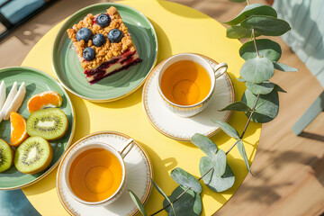 Breakfast table with tea and fresh fruits