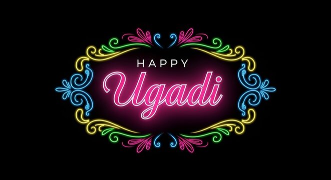 Ugadi happy ugadi neon light typography greeting design on dark background for hindu new year chaitra sukhladi festival celebration branding advertising and digital decoration use