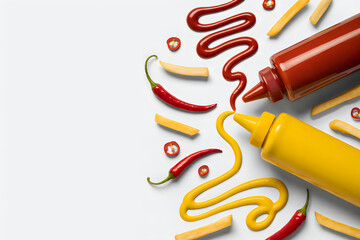 Condiments and spicy peppers on white background