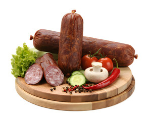 Delicious sliced sausages on wooden board