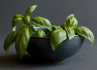 Fresh basil leaves in a black bowl